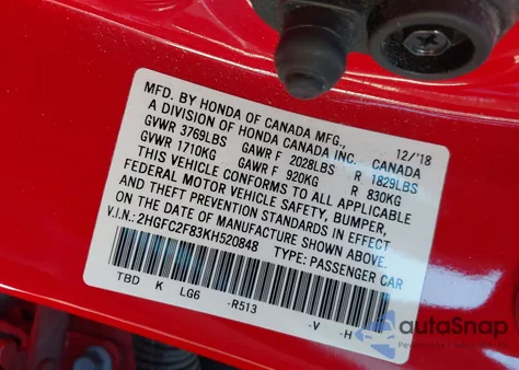 2019 Honda Civic Sport z USA, uszkodzony, nr VIN 2HGFC2F83KH520848